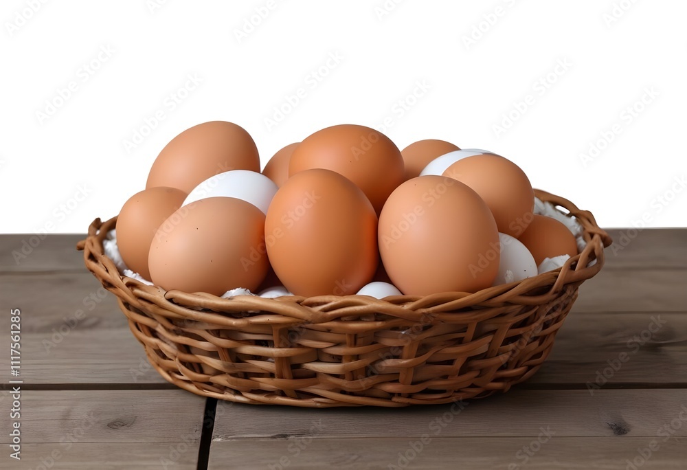 A wicker basket filled with various brown and white chicken eggs on a wooden surface A wicker basket filled with various brown and white chicken eggs on a wooden surface