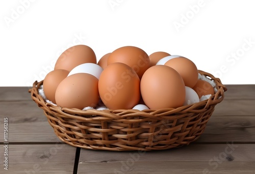 Wallpaper Mural A wicker basket filled with various brown and white chicken eggs on a wooden surface Torontodigital.ca