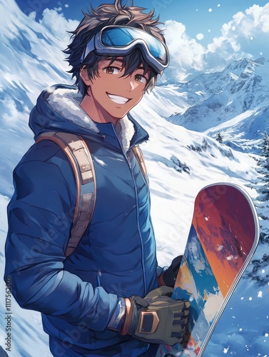 A handsome anime boy holding a snowboard, wearing goggles and a blue jacket with a white collar, 