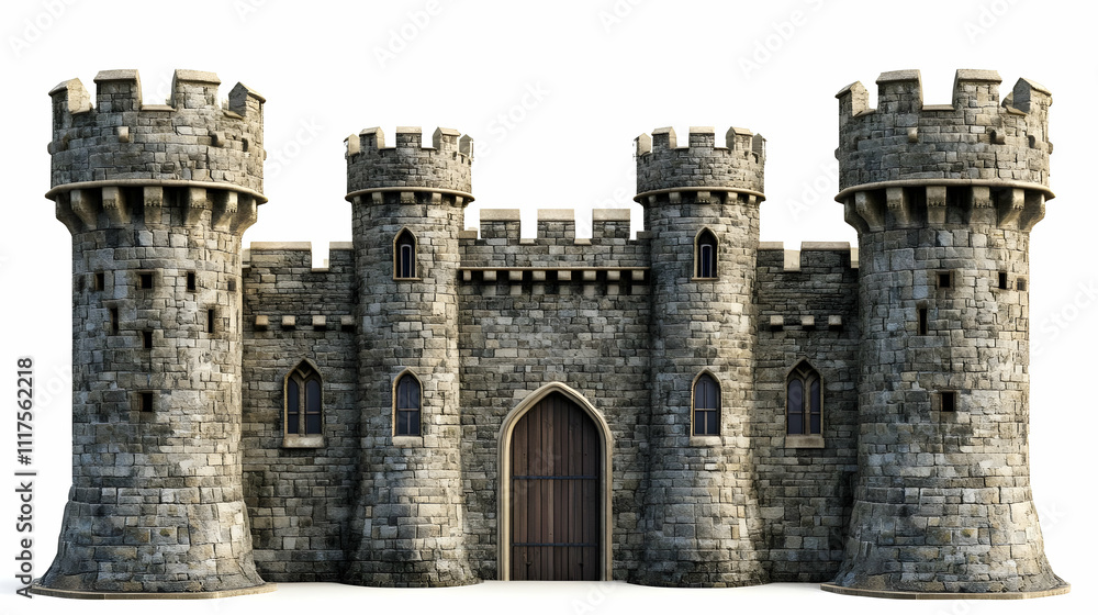 A medieval stone castle with towers and a large wooden door. A medieval stone castle with towers and a large wooden door.