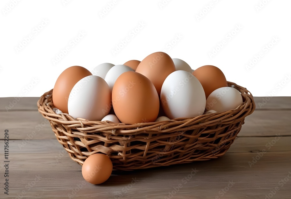 A wicker basket filled with various brown and white chicken eggs on a wooden surface A wicker basket filled with various brown and white chicken eggs on a wooden surface