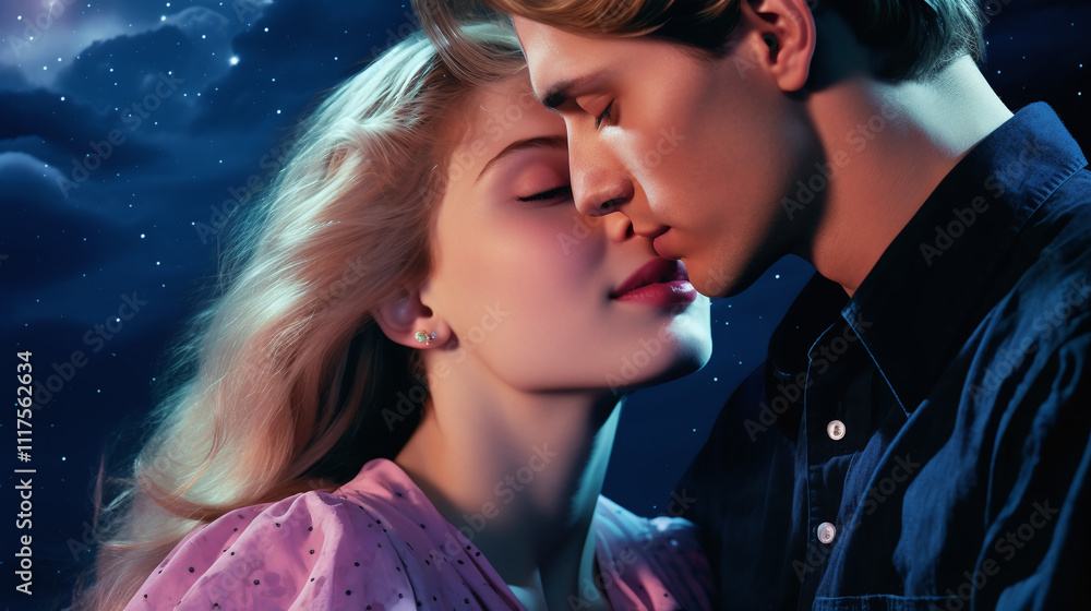 Romantic Couple Sharing a Kiss Under the Stars Romantic Couple Sharing a Kiss Under the Stars