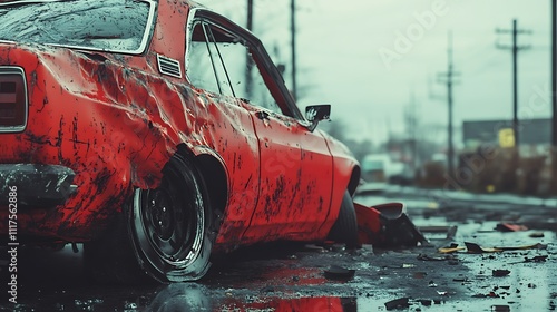 Gritty close-up of an abandoned red car in urban landscape photo