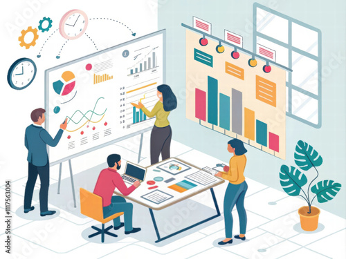 Team analyzing data with charts and diagrams in meeting room