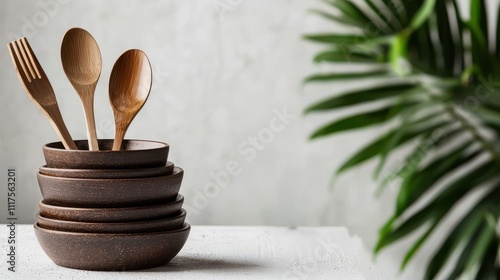 Eco-friendly wooden tableware set sustainable kitchen lifestyle content minimalist environment natural viewpoint green living concept photo