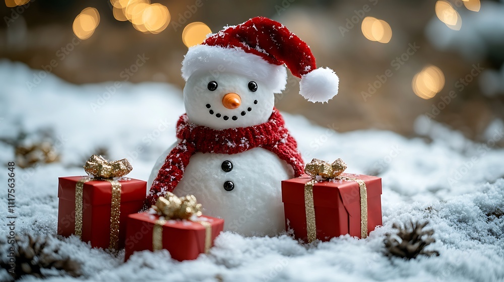 Festive snowman surrounded by gifts in winter wonderland Festive snowman surrounded by gifts in winter wonderland