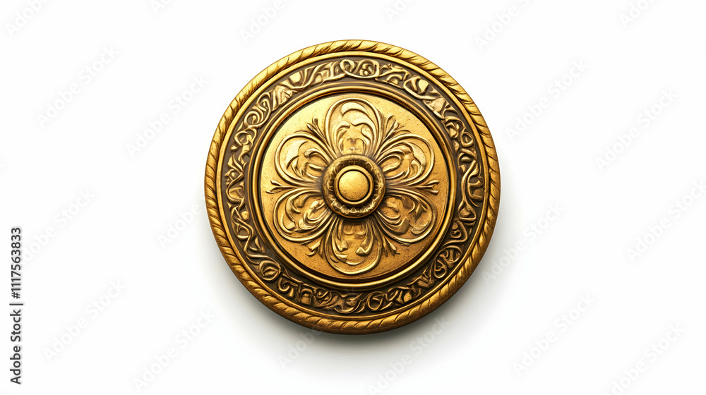 A decorative golden medallion featuring an intricate floral design and ornate detailing. A decorative golden medallion featuring an intricate floral design and ornate detailing.