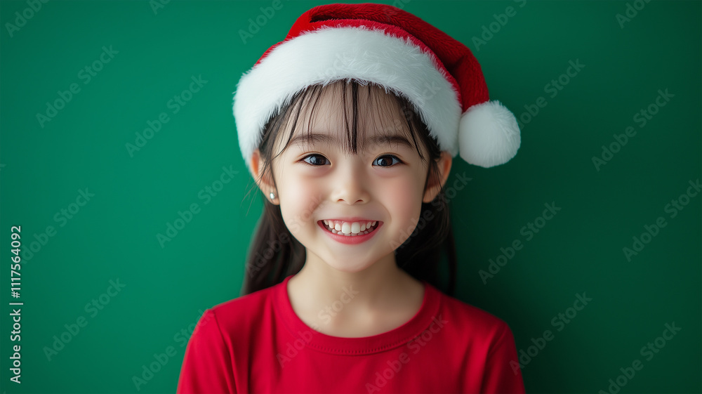 サンタ帽をかぶる笑顔の日本人の女の子 サンタ帽をかぶる笑顔の日本人の女の子