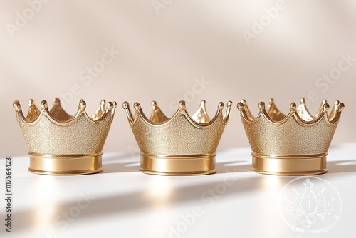 minimalistic three small crowns in row each in shimmering gold positioned on white surface for three kings day with