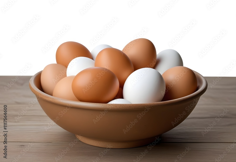 A ceramic bowl filled with various brown and white chicken eggs on a wooden surface A ceramic bowl filled with various brown and white chicken eggs on a wooden surface