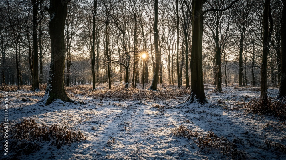 Winter Sunset Through Snowy Forest Trees Winter Sunset Through Snowy Forest Trees
