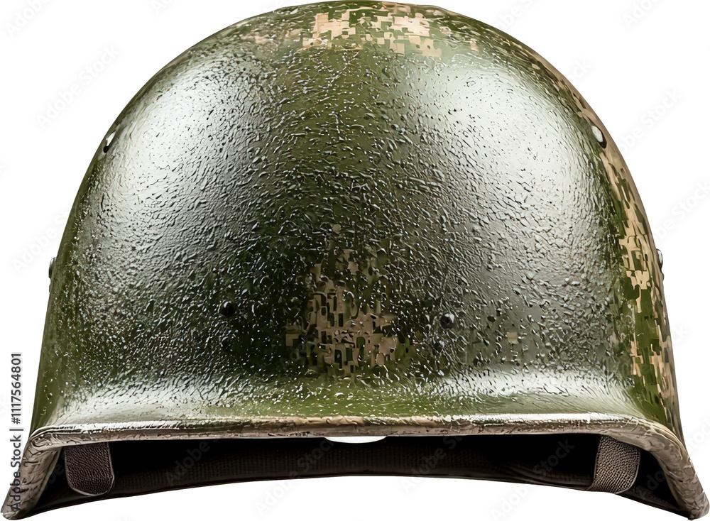 Naklejka premium Close-up of a wet camouflage helmet
