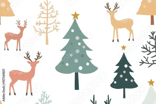 A Christmas setting featuring numerous trees and animals, including deer and a dog, with green trees against a white backdrop.