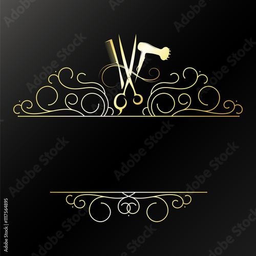 Comb, scissors, hair dryer hair salon sign. Golden symbol signboard frame beauty salon