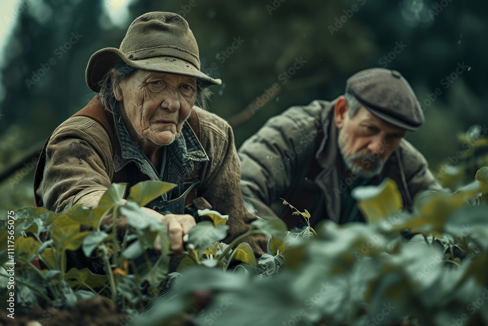 Fototapeta premium Two elderly men tending to crops in a lush, green field under natural sunlight.