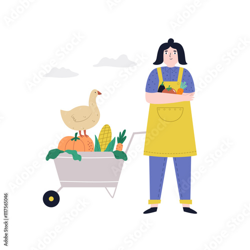 Delightful Farm Life Scene with Woman Standing with Harvest of Vegetables Illustration. Lovely Hand-Drawn Art