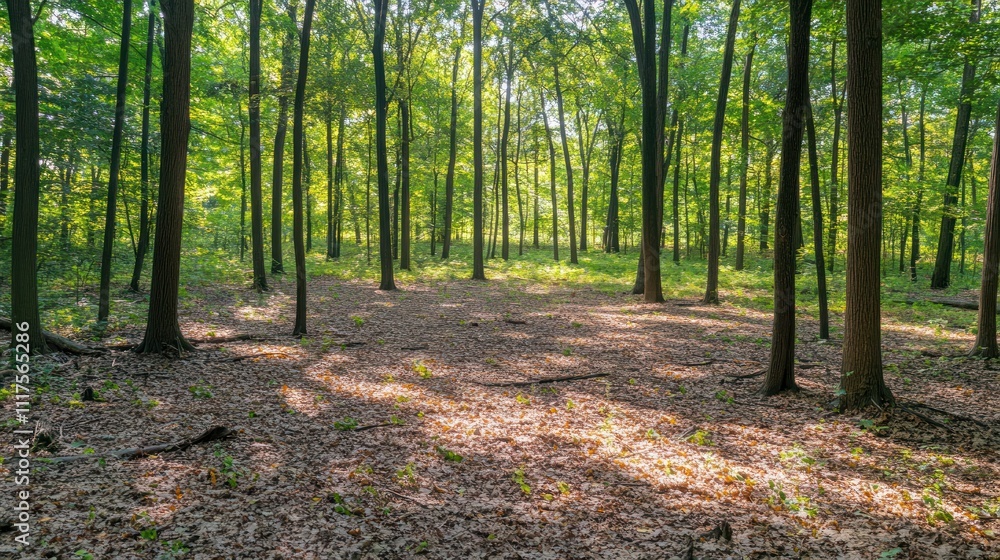 Sunlit Forest Floor Among Tall Trees Sunlit Forest Floor Among Tall Trees