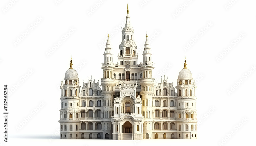 Obraz premium A grand, ornate white castle with intricate architectural details and spires.