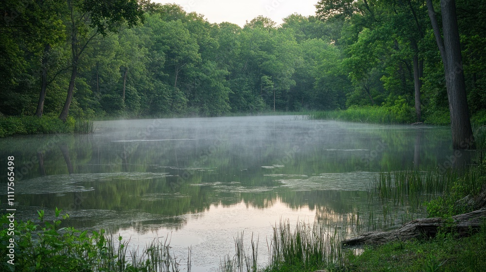 Serene Mist Shrouded Forest Pond Reflecting Trees Serene Mist Shrouded Forest Pond Reflecting Trees