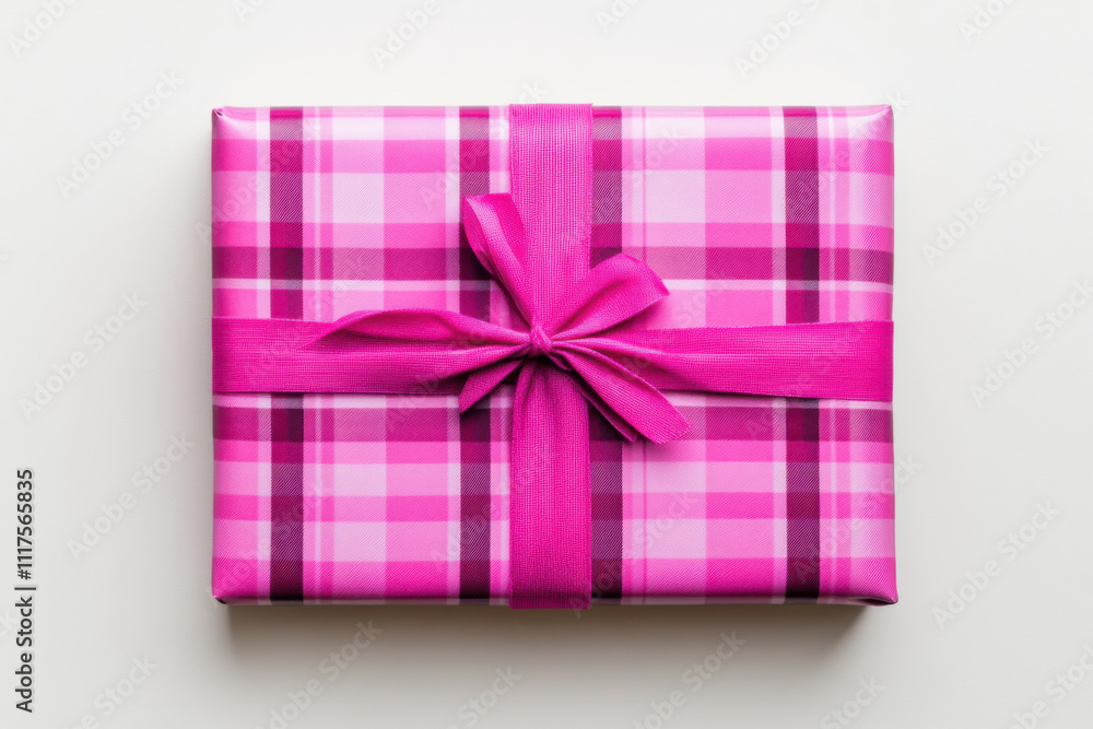beautifully wrapped rectangular gift box in pink plaid design, featuring vibrant pink ribbon. Perfect for celebrations and special occasions beautifully wrapped rectangular gift box in pink plaid design, featuring vibrant pink ribbon. Perfect for celebrations and special occasions
