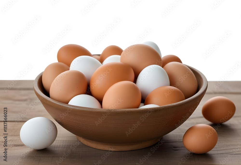 A ceramic bowl filled with various brown and white chicken eggs on a wooden surface A ceramic bowl filled with various brown and white chicken eggs on a wooden surface