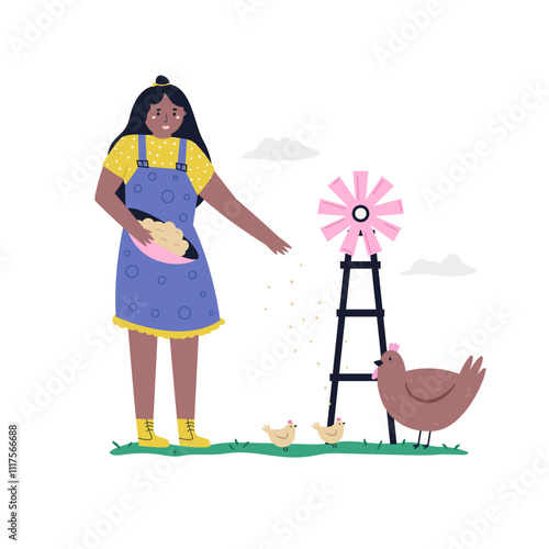 Adorable illustration of a woman feeding hens. Rustic farm life scene.