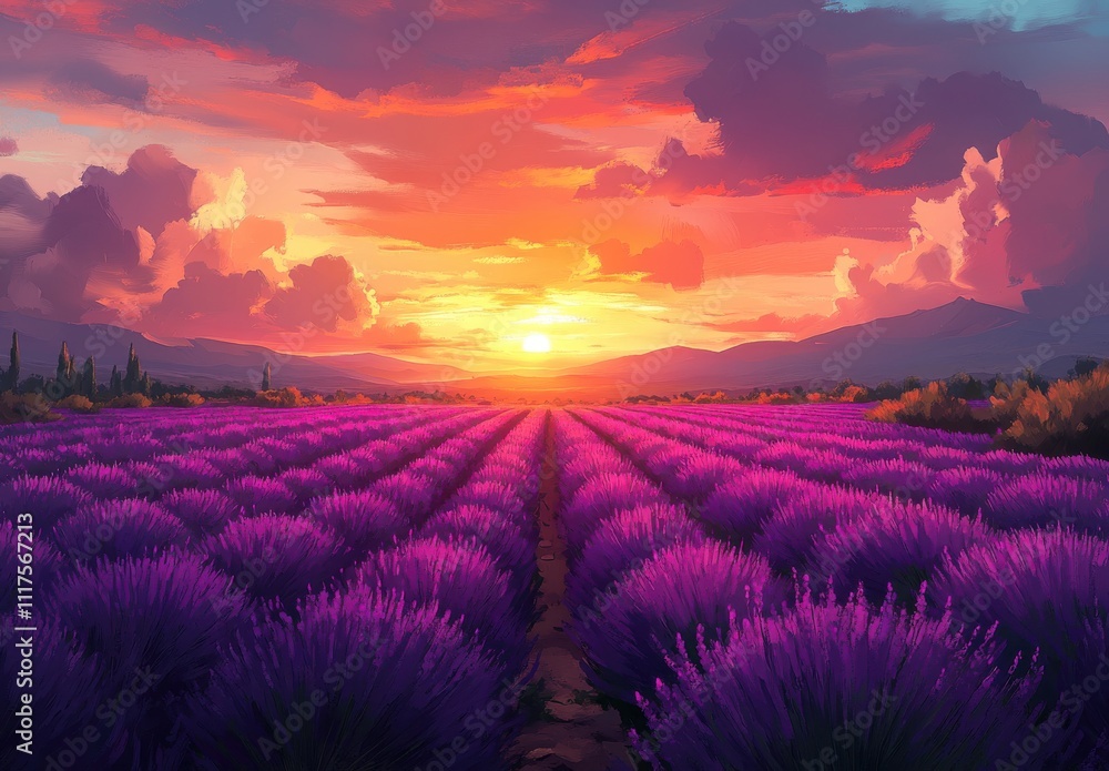 A Breathtaking Lavender Field at Sunset with Vibrant Purple Blooms and a Dramatic Sky, Perfect for Relaxation and Peaceful Nature Retreats A Breathtaking Lavender Field at Sunset with Vibrant Purple Blooms and a Dramatic Sky, Perfect for Relaxation and Peaceful Nature Retreats