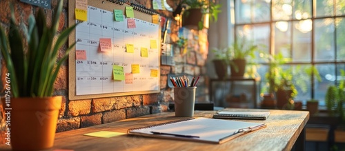 Sunlit workspace with calendar, sticky notes, plants, and stationery.