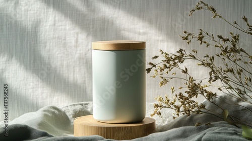 Elegant Matte Porcelain Tea Container: Cylindrical Design with Sage Green Branding and Wooden Lid, Soft Lighting on Organic Linen Background for Refined Product Photography. photo