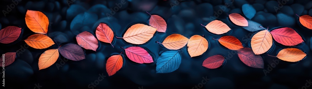 Fototapeta premium A vibrant array of autumn leaves in various colors arranged beautifully against a dark background.