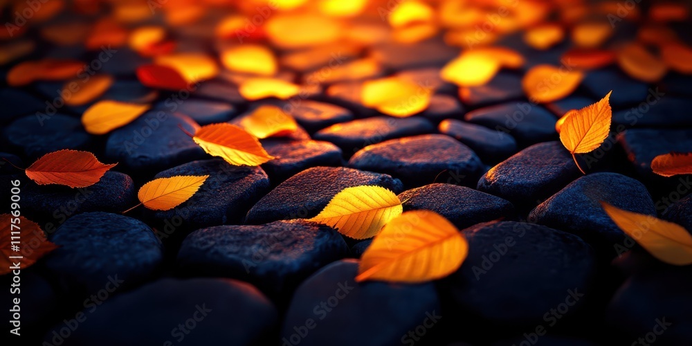 A close-up view of vibrant autumn leaves scattered over smooth stones, illuminated by warm light, creating a serene and cozy atmosphere. A close-up view of vibrant autumn leaves scattered over smooth stones, illuminated by warm light, creating a serene and cozy atmosphere.