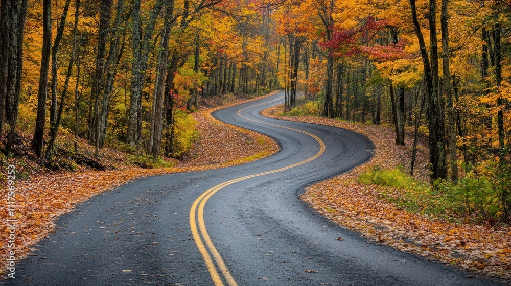 Winding Road Through Autumnal Forest Canopy Winding Road Through Autumnal Forest Canopy