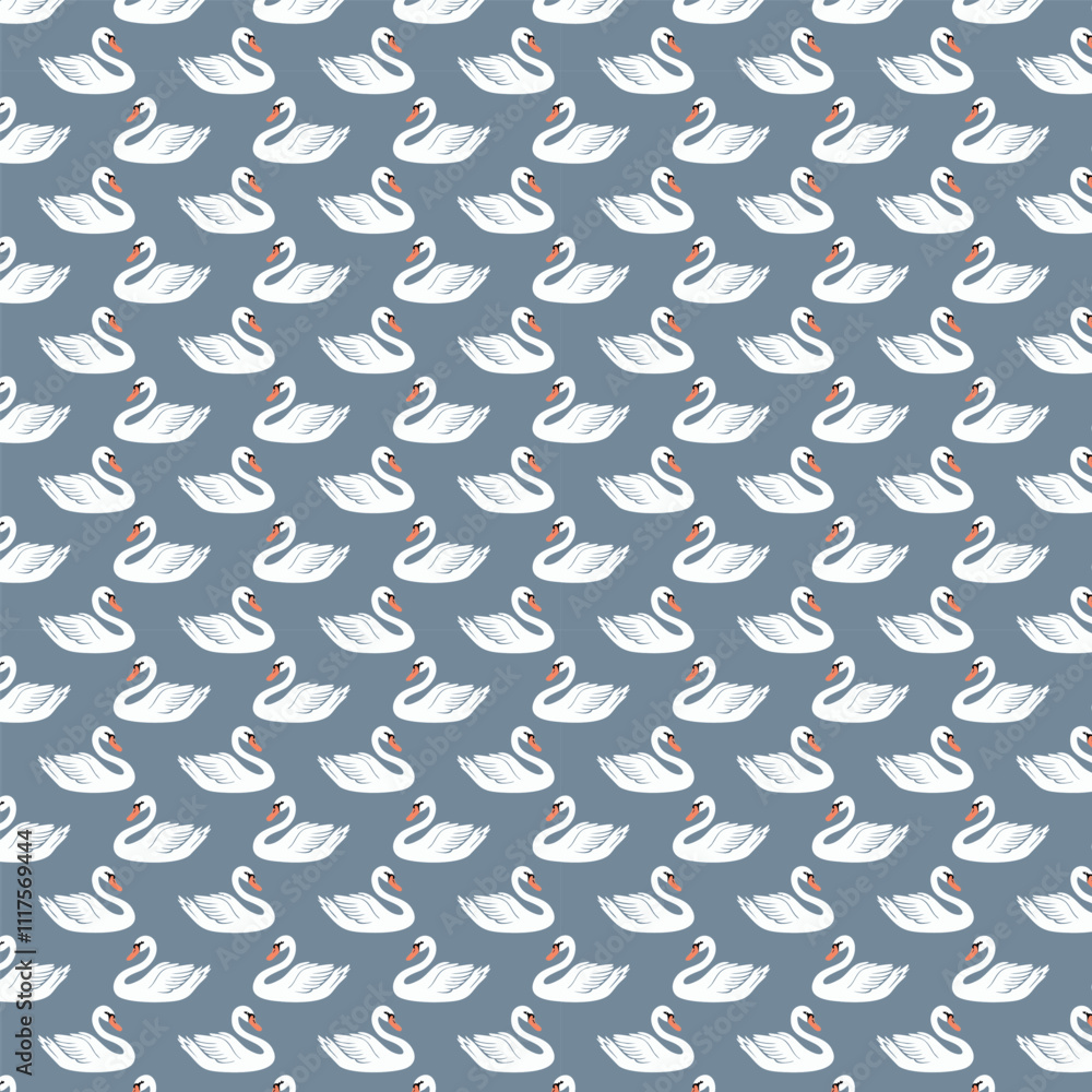 Fototapeta premium Swan Pattern Design, repeating pattern of swans. Each swan is depicted in a stylized manner with beige feathers, an orange beak, and black accents around the eyes. The swans are arranged in a diagonal