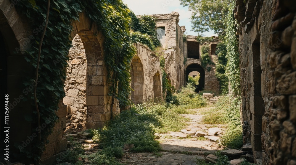 Fototapeta premium Overgrown Stone Passageway In Ancient Ruins