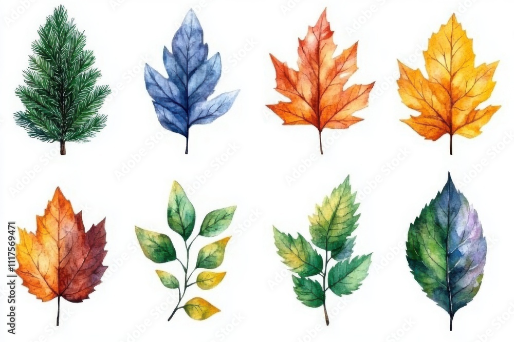 Obraz premium A collection of watercolor illustrations of various leaves in different colors and shapes.