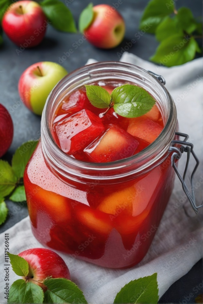 a jar of fresh Apple juice with whole and sliced strawberries immersed in the drink. a jar of fresh Apple juice with whole and sliced strawberries immersed in the drink.