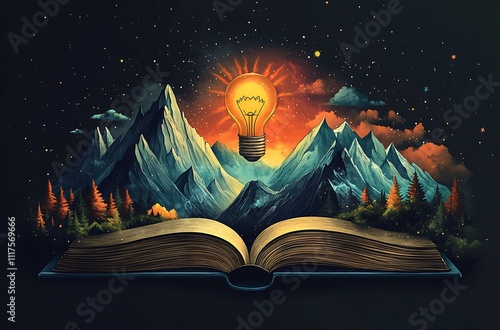 Open book with glowing lightbulb and forest on dark background. photo