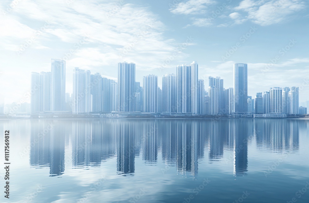 Fototapeta premium Modern urban skyline with sleek architecture reflecting on calm waters, representing economic prosperity and vibrant city life. Ideal for real estate and CBD concepts.