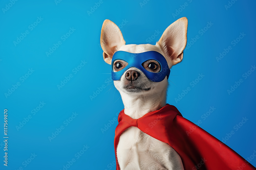 Heroic Chihuahua in Blue Mask and Red Cape on Vibrant Blue Background Heroic Chihuahua in Blue Mask and Red Cape on Vibrant Blue Background