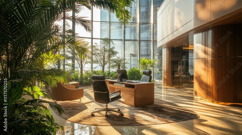 Modern Office Space With Lush Greenery And Sunlight Modern Office Space With Lush Greenery And Sunlight