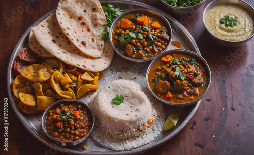 Plate of food with rice, beans, and tortillas. There are also some vegetables on the plate photo