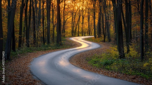 Winding Road Through Autumnal Forest at Sunset