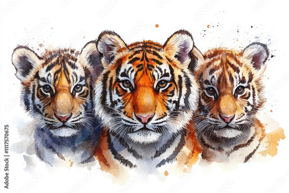 Three tigers in a watercolor style, showcasing their striking features and vibrant colors. Three tigers in a watercolor style, showcasing their striking features and vibrant colors.
