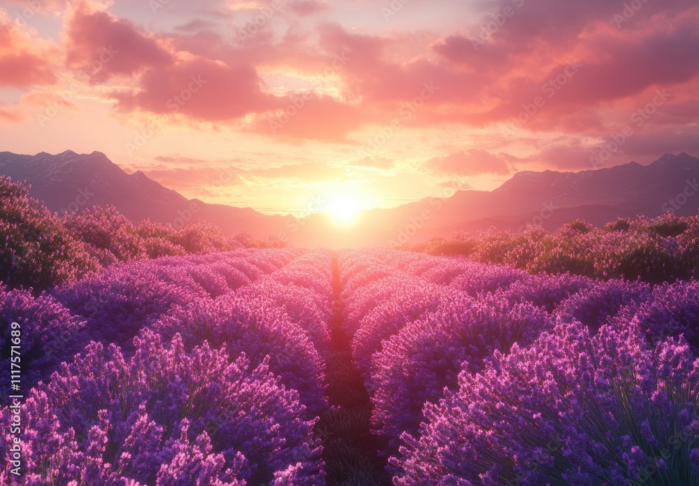 Fototapeta premium Breathtaking Sunset Over Lavender Fields with Mountains in the Background, Creating a Serene and Colorful Scene in Nature's Splendor