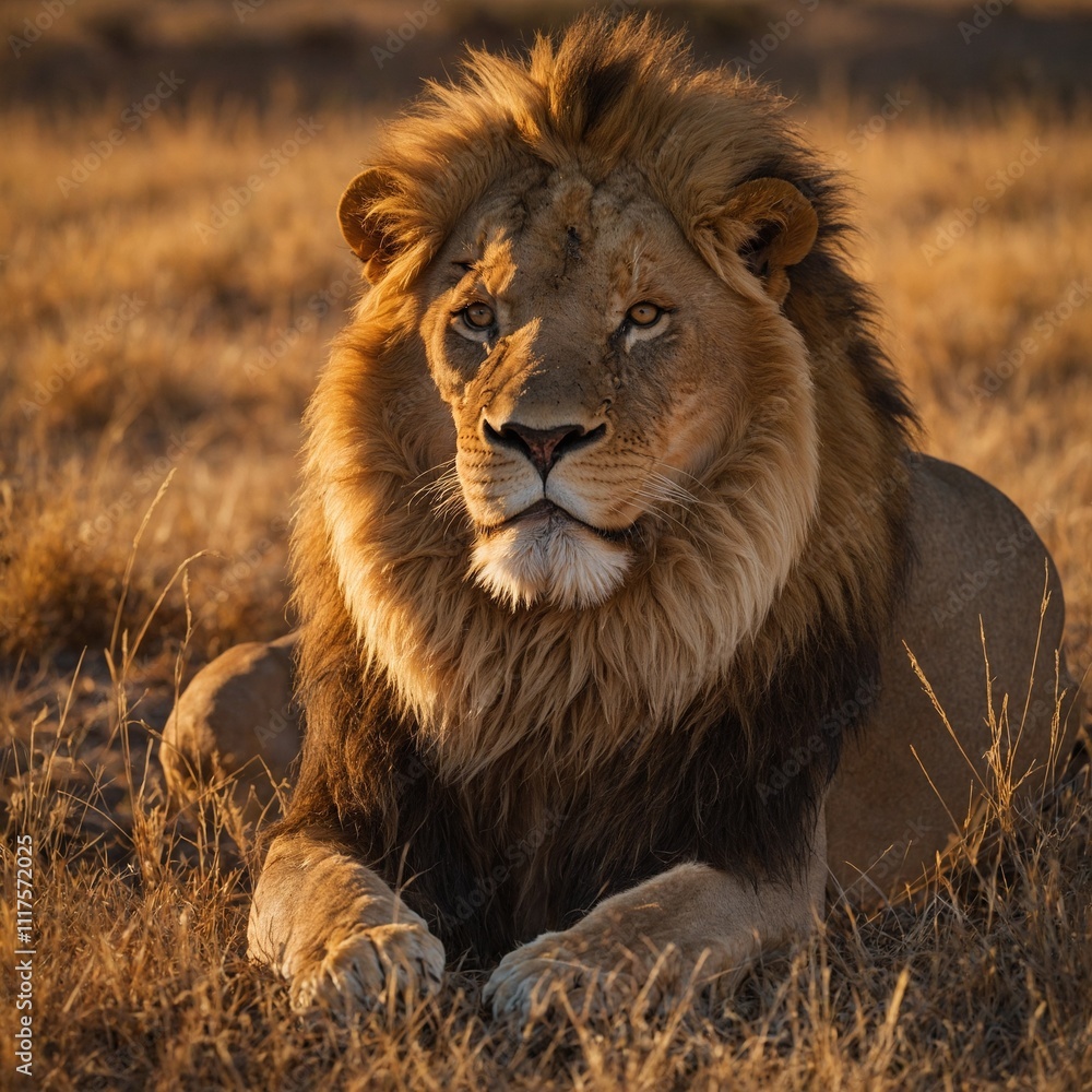 A majestic lion basking in the golden light of the savanna at sunset. A majestic lion basking in the golden light of the savanna at sunset.