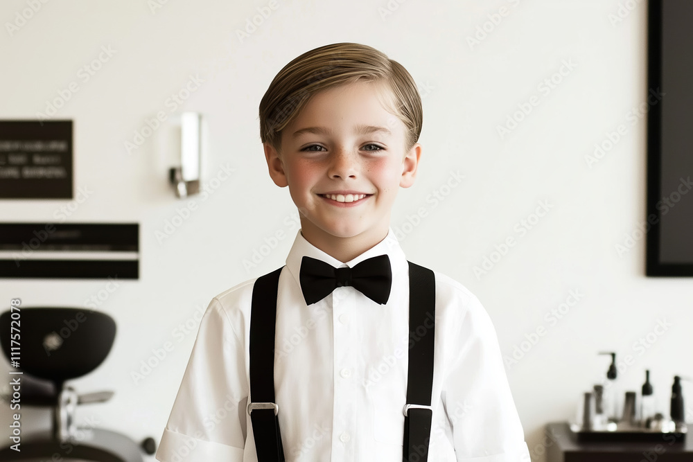 Young Caucasian boy in formal attire with bow tie smiling at camera Young Caucasian boy in formal attire with bow tie smiling at camera
