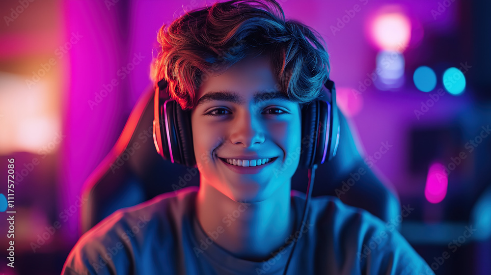 Young Caucasian teen gamer with headphones in neon lit room