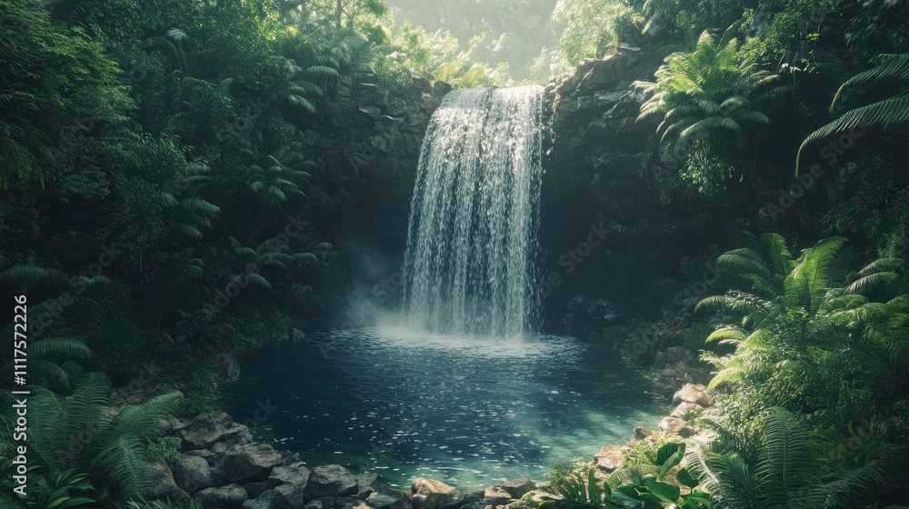Breathtaking Waterfall Cascading into Serene Pool Surrounded by Lush Greenery and Vibrant Tropical Vegetation in Enchanted Forest Setting Breathtaking Waterfall Cascading into Serene Pool Surrounded by Lush Greenery and Vibrant Tropical Vegetation in Enchanted Forest Setting