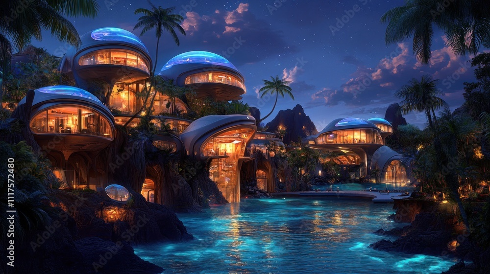 Futuristic Tropical Villas Illuminated At Night Futuristic Tropical Villas Illuminated At Night