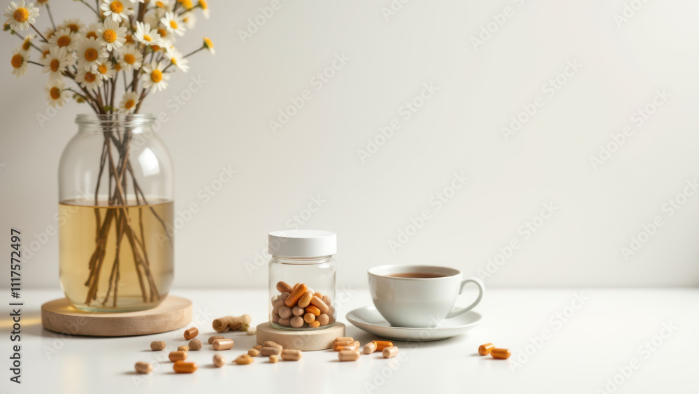 A cozy setting with magnesium supplements on a white surface. A cozy setting with magnesium supplements on a white surface.
